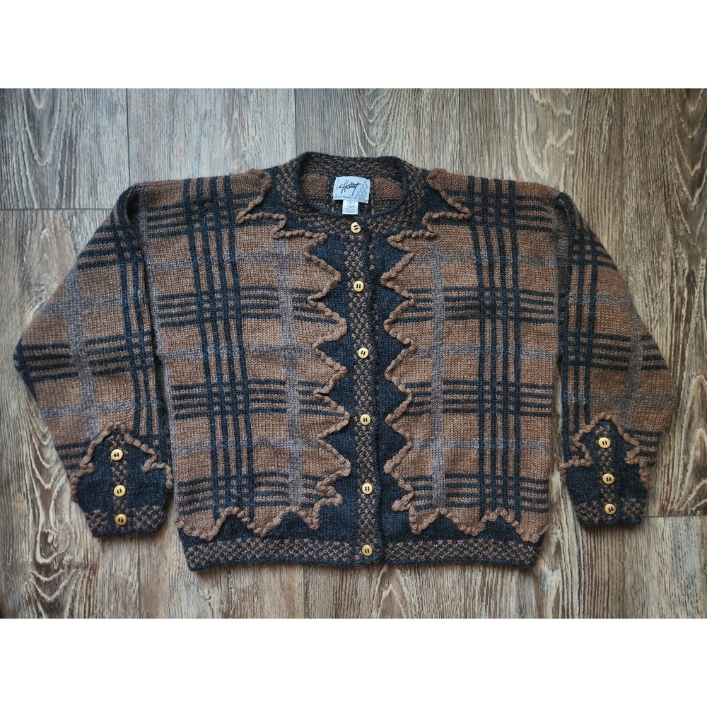 Hallet San Francisco Alpaca Wool Cardigan Sweater Womens S Brown Plaid Hand Knit